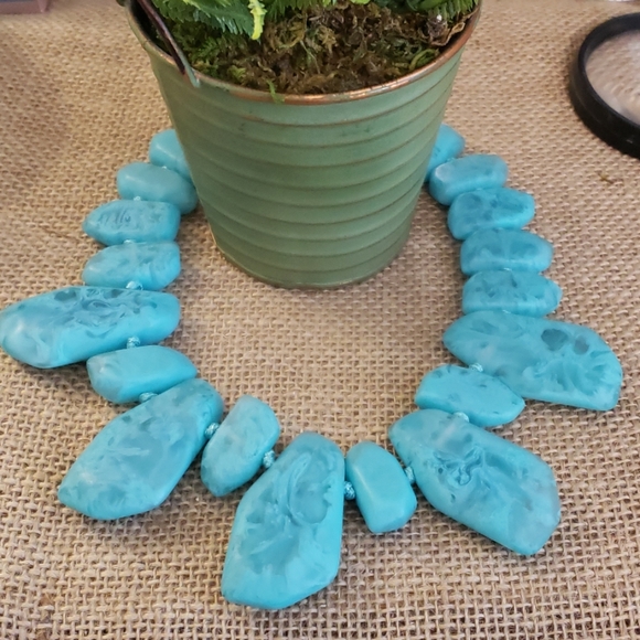 Chicos? chunky bold tourqoius acrylic flat stone necklace knotted Marbled Big - Picture 3 of 9